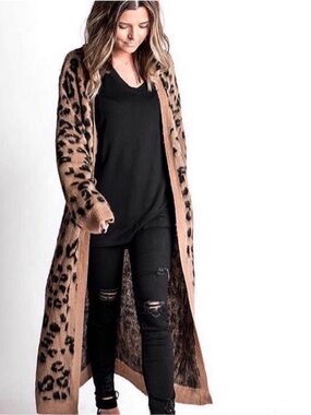 Leopard Print Open-Front Long Women's Cardigan Sweater - Camel/Black